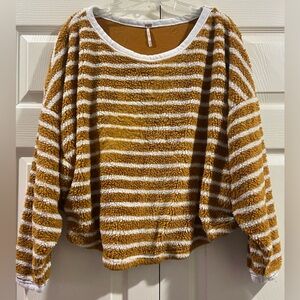 Free People White and Mustard Fuzzy Striped Crewneck Sweater